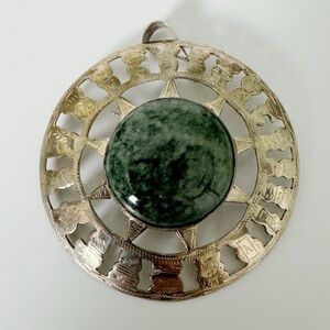 Sun Pendant Etched Sterling Silver Green Semi-Precious Stone Celestial Vintage